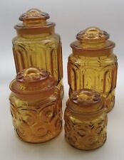 LE Smith Moon and Stars Amber Glass Canister Set 4 Pc. Set + Lids VTG 60s MCM picture