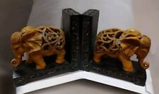 Rare Exotic Primative Pier One Heavy Resin-Carved Wood Look Elephant Bookends picture