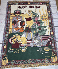 Vtg Disney Winnie the Pooh Christmas Jacquard Tapestry Blanket Multicolor Fringe picture
