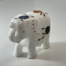 5” Hand Carved Marble White Elephant Semi Precious Inlays Trunk Up picture