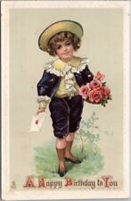 Vintage 1910s TUCK'S Happy Birthday Embossed Postcard Boy w/ Roses / Series 250 picture