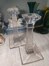 Vintage Pair Of Floral Etched Clear Glass Heavy Candlestick Holders 7.5x3x3 picture