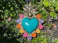 Turquoise Tin HEART with Flowers, Punched Tin Heart, Mexican Tin Heart picture