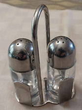 Vintage Italian Glass Shiny Chrome Salt Pepper Shakers w/ Stand. Made in Italy picture