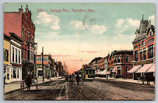 Vintage Postcard WI Appleton College Avenue Dirt Street Horse Cart Shops -*4166 picture