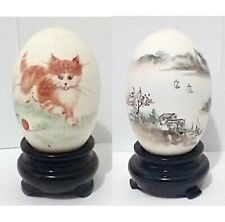 2 ANTIQUE HANDPAINTED EGGS - Original Boxes - Playful Cat, Mountain Lake Signed picture