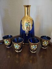 Bohemian Cobalt Blue Glass Hand Painted Italian Glass Decanter And Cordials  picture