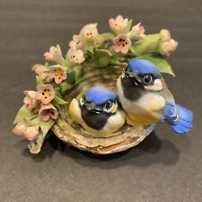 Vtg Capodimonte Bluebird Porcelain Collectible In Basket Pink Flowers Figurine picture