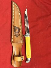 Queen Steel # 85A Fixed Blade Knife With Yellow Handle & Leather Sheathe picture
