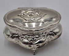 Vtg Jewlery Box Silver Tone With Ship Engraved On Lid, Lined, 3 Foooted,  2