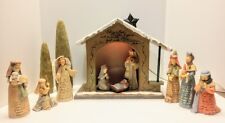 Enesco Foundations 13 Piece Nativity Set w/ Lighted Manger Trees 2002 Christian  picture