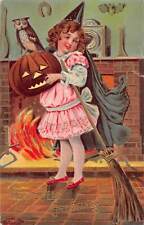 ZC1/ Halloween Postcard Greetings c1910 Child Witch Owl Broom 204 picture