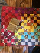 Cool Vintage Quilt 3.5’ X 3.5’ Patchwork, Handmade & Small Vintage Wicker Basket picture