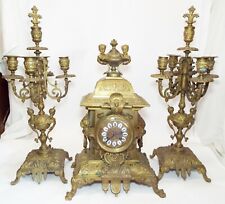 Old JAPY FRERES France Ornate Brass CLOCK GARNITURE SET w/ 2 Candlesticks LION picture