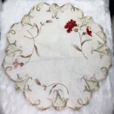 Antique Society Silk Embroidered Scalloped Edge Carnation Flowers Floral Doily picture
