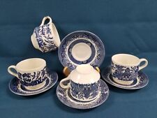 Set of 4 Vintage Churchill England Blue Willow Pattern Teacups & Saucers picture