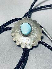 UNFORGETTABLE VINTAGE NAVAJO KINGMAN TURQUOISE STERLING SILVER BOLO picture