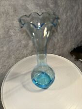 Vintage Ocean Blue In Color, Fluted Bud Vase With Etched Glass, Handblown. picture