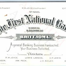 c1890s Britt, Iowa First National Bank Art Lith Engraved Business Trade Card C45 picture