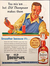 1949 Old Thompson Whiskey Print Ad Smiling Man Smoking Pipe & Mixing Drinks picture