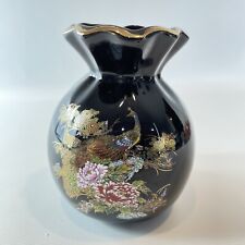 Vintage Black Small Vase Peacock Floral Design Gold Trim Pottery Japan picture