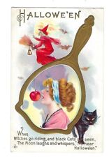 Early 1900's LSC. Co. Series #248 Halloween Postcard Witch, Black Cat, Mirror picture