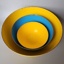 Set Of 3 Vintage Wartsila Finel, Blue And Yellow Enamel Nesting Mixing Bowls picture