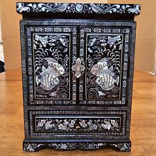 Vintage Oriental Black Lacquer Jewelry Box With Drawers & Mother of Pearl Inlay picture