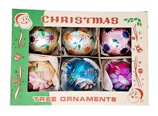 Vintage Jumbo Christmas Ornaments 6 Hand Painted Daisy Mica Glitter Poland w/Box picture