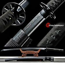All Black T10 Katana Damuscus Folded Steel Functional Japanese Samurai Sword  picture