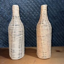 ANTIQUE / VINTAGE WICKER COVERED POCKET Vine White  GLASS BOTTLE 2 Pieces 12” picture