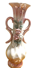 Tall Pink Swirled Porcelain Irisdescent Vase 3D Flowers Handles VTG MCM 8.75 In picture