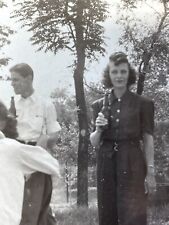 i8 Photograph 1940's Beautiful Brunette Woman Funny Hairdo Drinking Beer Woods picture