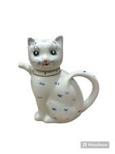 Vintage white cat teapot, White with Blue floral Print 5 