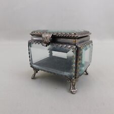 Vintage Blue Glass Casket Box Made in India with Feet #C196 picture