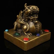 Collect Chinese Pure Bronze Inlay Gem Lion PiXiu Beast Statue Seal Stamp Signet picture