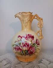Antique Vtg Porcelain Pitcher Vase 9 1/4'' tall Pink Tulip Marked Austria picture