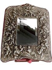 VICTORIAN REPOUSSE STERLING SILVER ORNATE CHRUB & MAIDEN MIRROR w/VELVET STAND picture