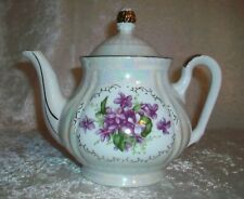 Vintage English White Iridescent Lustreware Purple Violets Floral Tea Pot Teapot picture