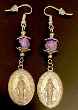Catholic Semi Precious Purple Jade Jasper Stone Earrings, Miraculous Mary Medals picture