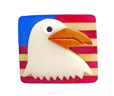 PIN Vintage Patriotic AMERICAN BALD EAGLE over FLAG Hand Carved WOOD & PLASTIC picture