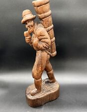 Vintage German Carved Wood Bavaria Man with Wine Butte Basket & Pipe Hiker picture
