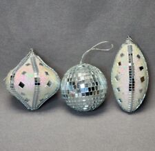 Silver Mirrored Christmas Ornaments (Lot of 3) Disco Ball, Foam Glitter Teardrop picture