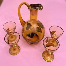 1910 MOSER BOHEMIAN CZECH GLASS Decanter Glasses FROSTED LEAF Carafe Flower Gold picture