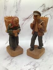 Vintage Norwegian Hand Carved Wooden Figurines With Hand Woven Baskets 6” H picture