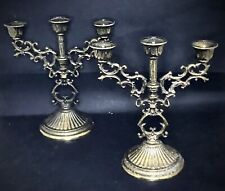 Set of 2 Vintage Italian Ornate Brass 3-Arm Candelabra Candle Holders; 5.25” H picture