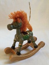 Vintage 3.5” Tall Wooden Christmas Toy Rocking Horse Gray With Brown Yarn Mane picture