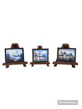 3 Vintage Russian Hand Made Enamel Pictures On Wood W/ Easels, Approx. 3”x4” picture