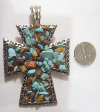 vintage Large silver tone metal cross pendant turquoise tigers eye gems FC1307 picture