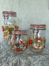 Set of 3 Vintage Arc France Glass Hinge Lid Canisters Mushrooms Tomatoes Peppers picture